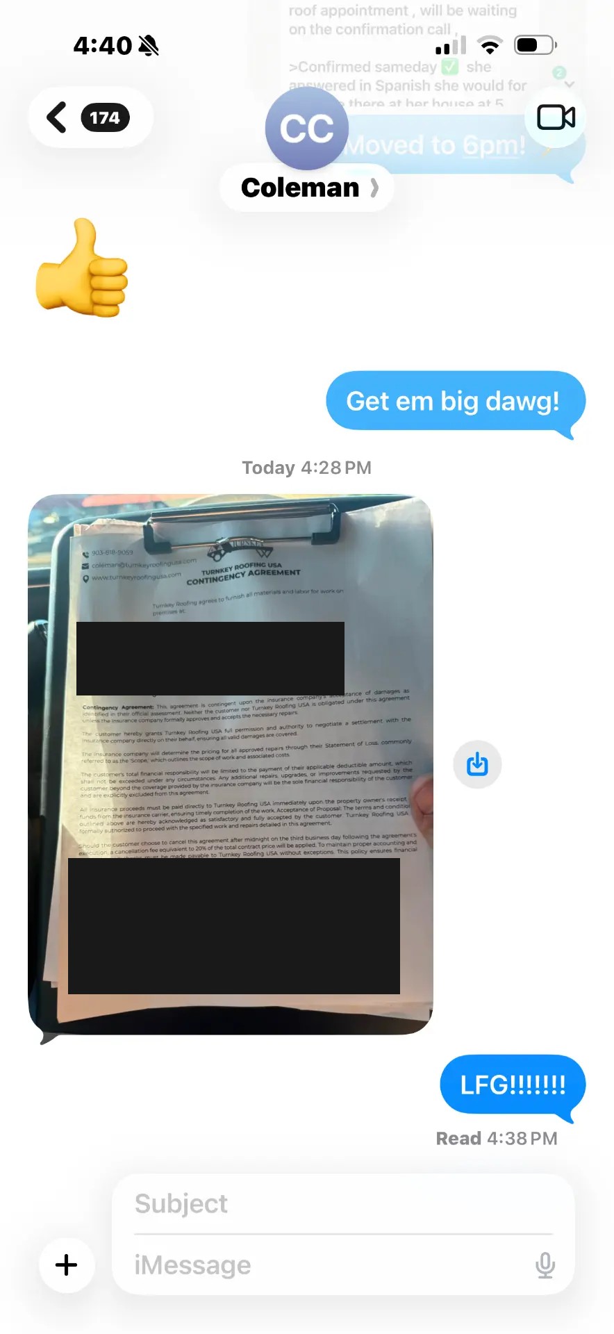 Coleman's text conversation showing a Turnkey Roofing USA closing agreement, with homeowner details redacted