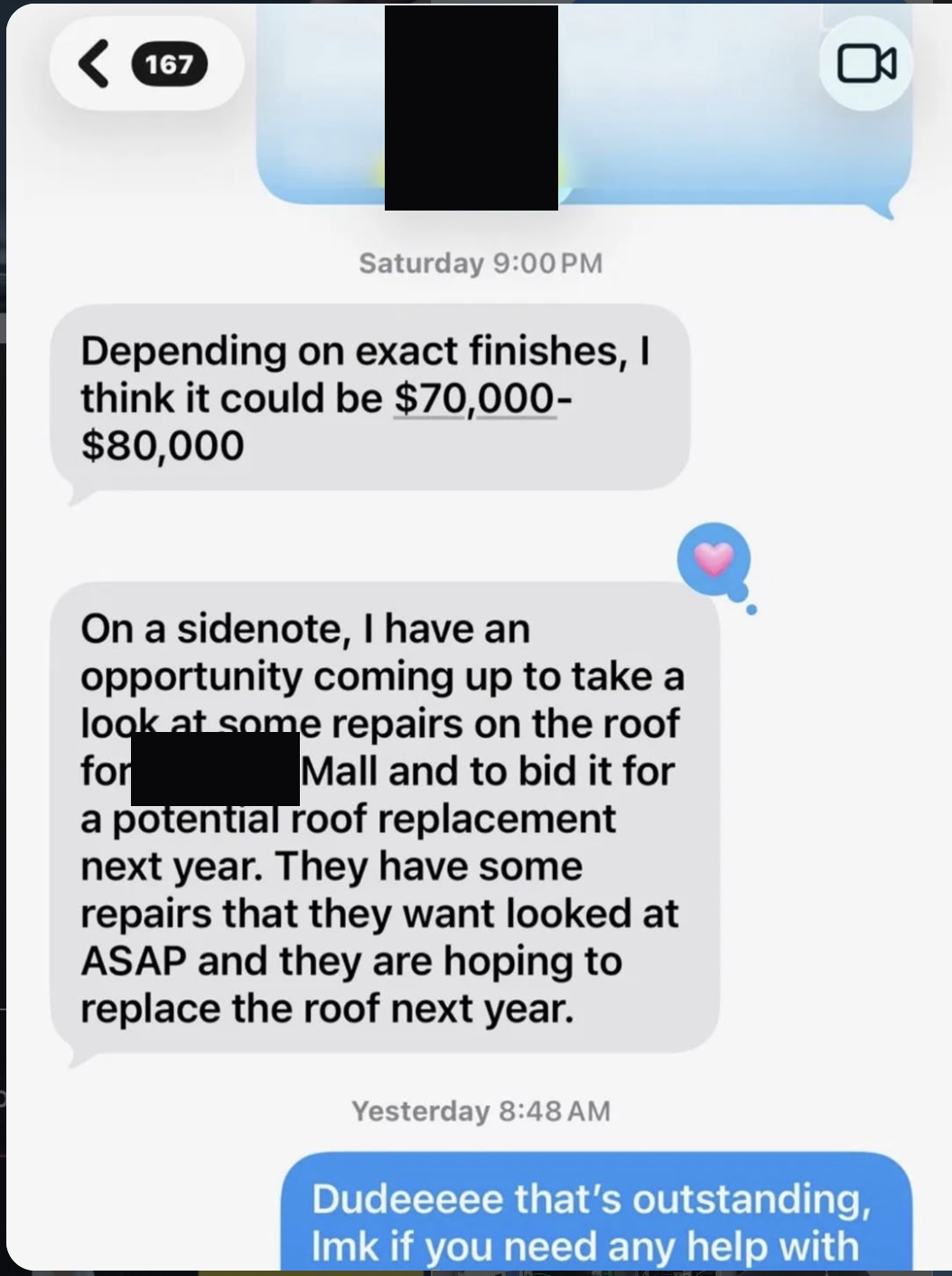 A client's text messages sharing a roof estimate and a mall roof replacement opportunity, with the contact and mall names redacted