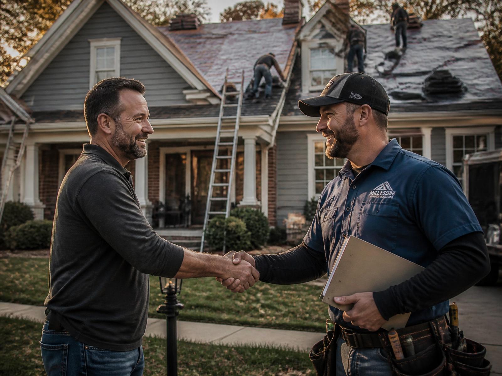 A home service company owner shaking hands in front of a house his crew is working on
